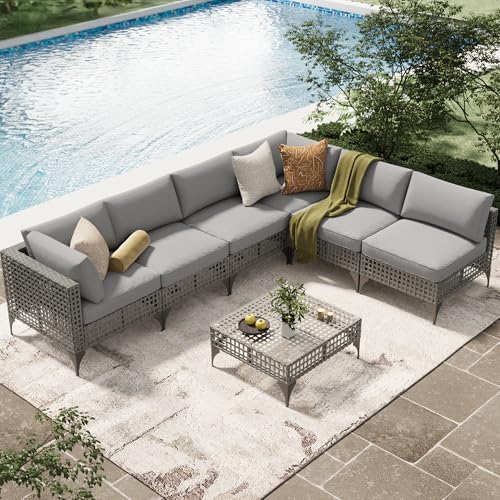 YODOLLA 7-Piece Patio Furniture Set with Coffee Table, Rattan Wicker Outdoor Sectional Sofa Couch Conversation Set in Grey Rattan& Light Grey Cushions