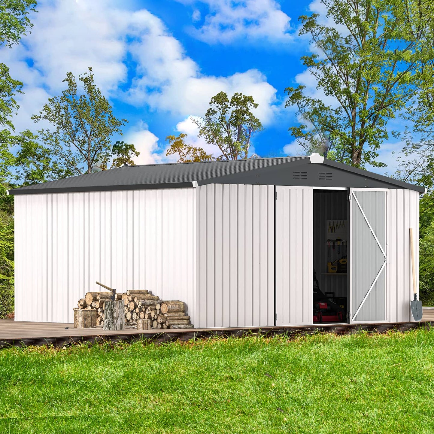 YODOLLA 12 x 12 ft. Outdoor Metal Storage Shed with Sliding Roof & Lockable Door in White