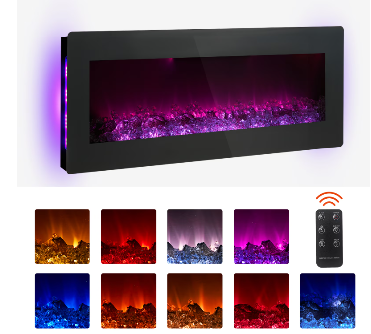 YODOLLA 50'' Wall Mounted Electric Fireplace with 10 Color Flames, Remote Control and Crystal