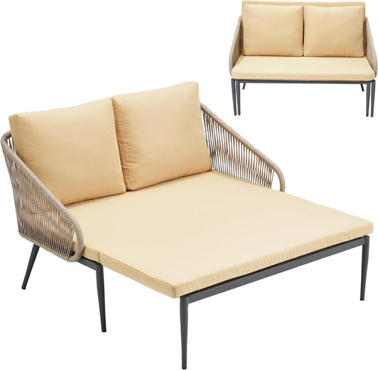 AECOJOY Outdoor Double Chaise Lounge Chair, Convertible Patio Loveseat Sofa Couch with Cushions, All-Weather Wicker/Metal Seating Furniture for Outside, Pool, Balcony, Beige