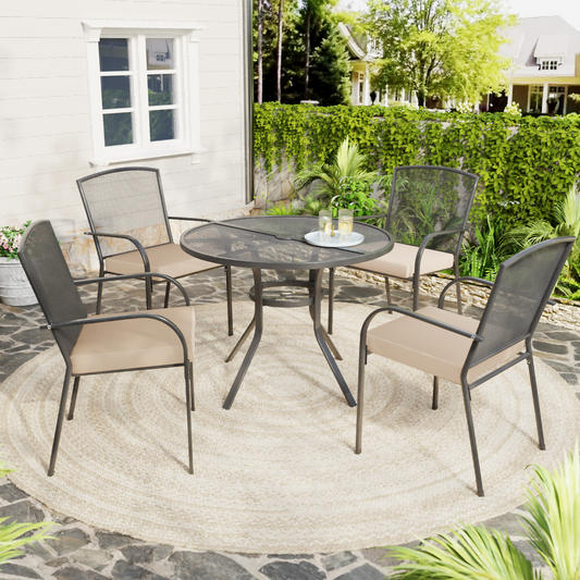 AECOJOY 5 Piece Outdoor Dining Set, Round Dining Table with Umbrella Hole and 4 Stackable Chairs, Dark Grey and Dark Grey Cushion