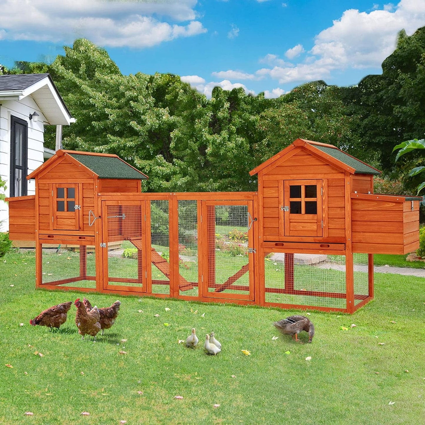 AECOJOY 123" Large Wooden Chicken Coop Clearance with Nesting Boxes for 6-8 Chickens in Natural Wood