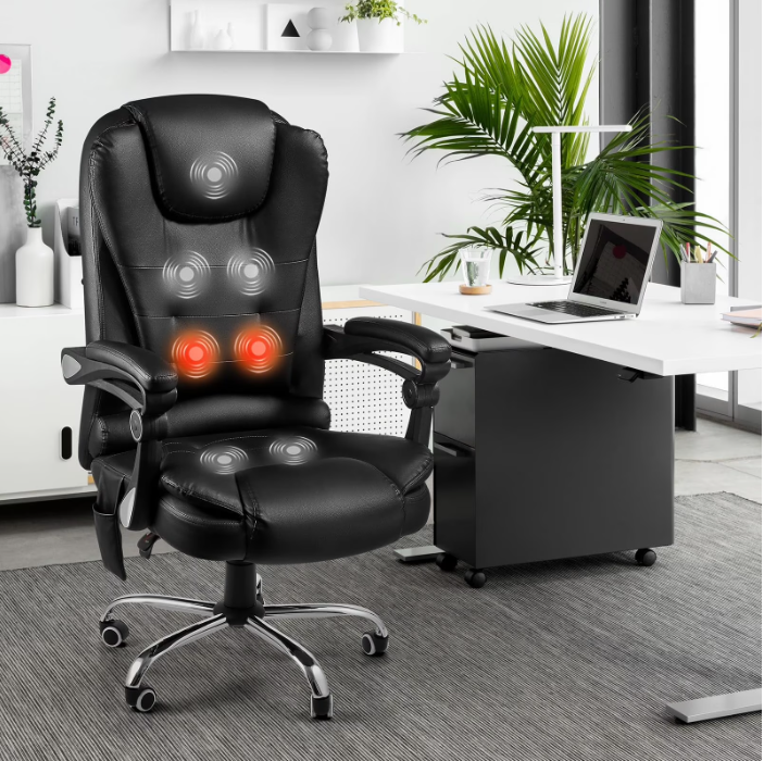 AECOJOY High-Back Office Chair with Massage & Heat, Reclining Leather Executive Chair for Home Office, Black