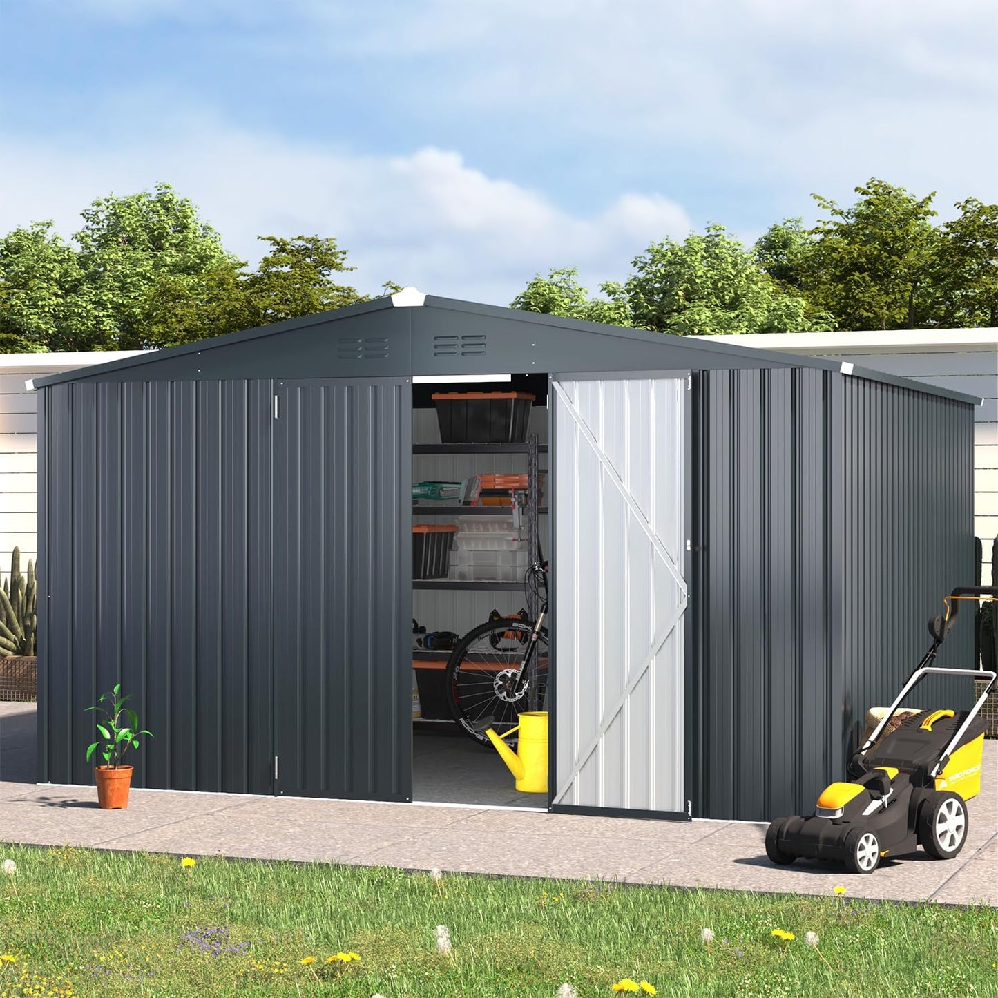 AECOJOY 12' x 10' Outdoor Storage Shed with Lockable Door Patio Metal Garden Storage Building in Dark Gray for Outside