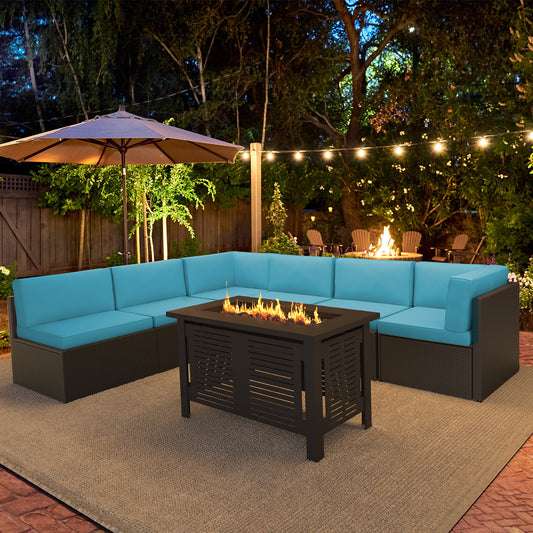 YODOLLA 7-Piece Patio Furniture Set with 43" Fire Pit Table, Rattan Wicker Outdoor Sectional Sofa Couch with Table Patio Conversation Set for Lawn& Backyard In Black& Blue