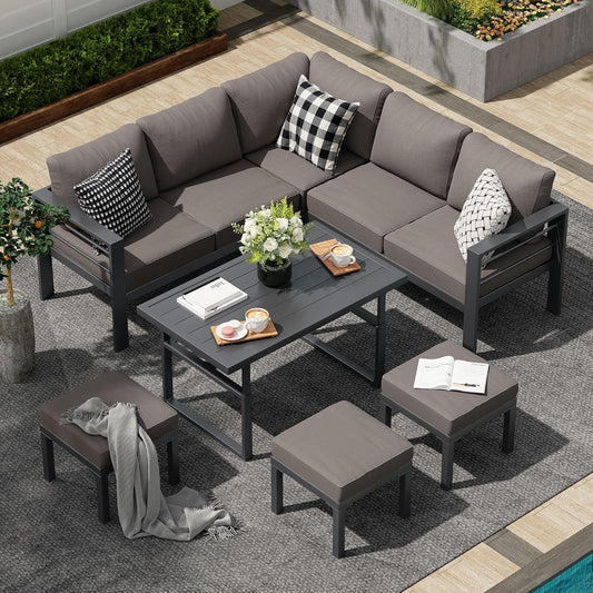AECOJOY Outdoor Furniture Sets Clearance, Aluminum Patio Furniture Sets on sale, Metal Patio Sets, Outdoor Conversation Sets, Outdoor Sectional Sofa for Lawn, Dark Grey