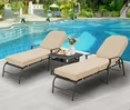 AECOJOY Cushioned Patio Lounge Chair Set of 3 with Umbrella Side Table Stand, Poolside Adjustable Chaise Lounge Recliner - Beige