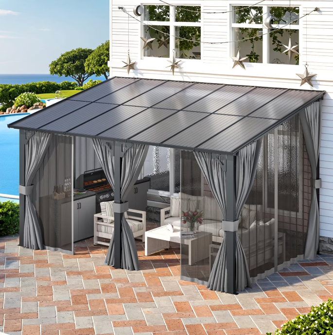 AECOJOY 14' x 8' Outdoor Hardtop Gazebo With Mosquito Net, Pergola for Garden, Patio, Backyard-Black
