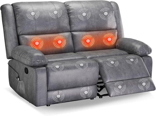 YODOLLA 2 Seat Leather Recliner Sofa with Massage Heated Function, Home Theater Seating Loveseat Chair in Gray