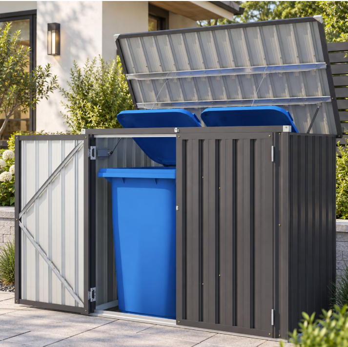 YODOLLA 46 Cu.Ft Outdoor Trash Can Storage Shed with Lift-Up Lid & Gas Strut, Waterproof Metal Garbage Bin Enclosure, Dark Grey