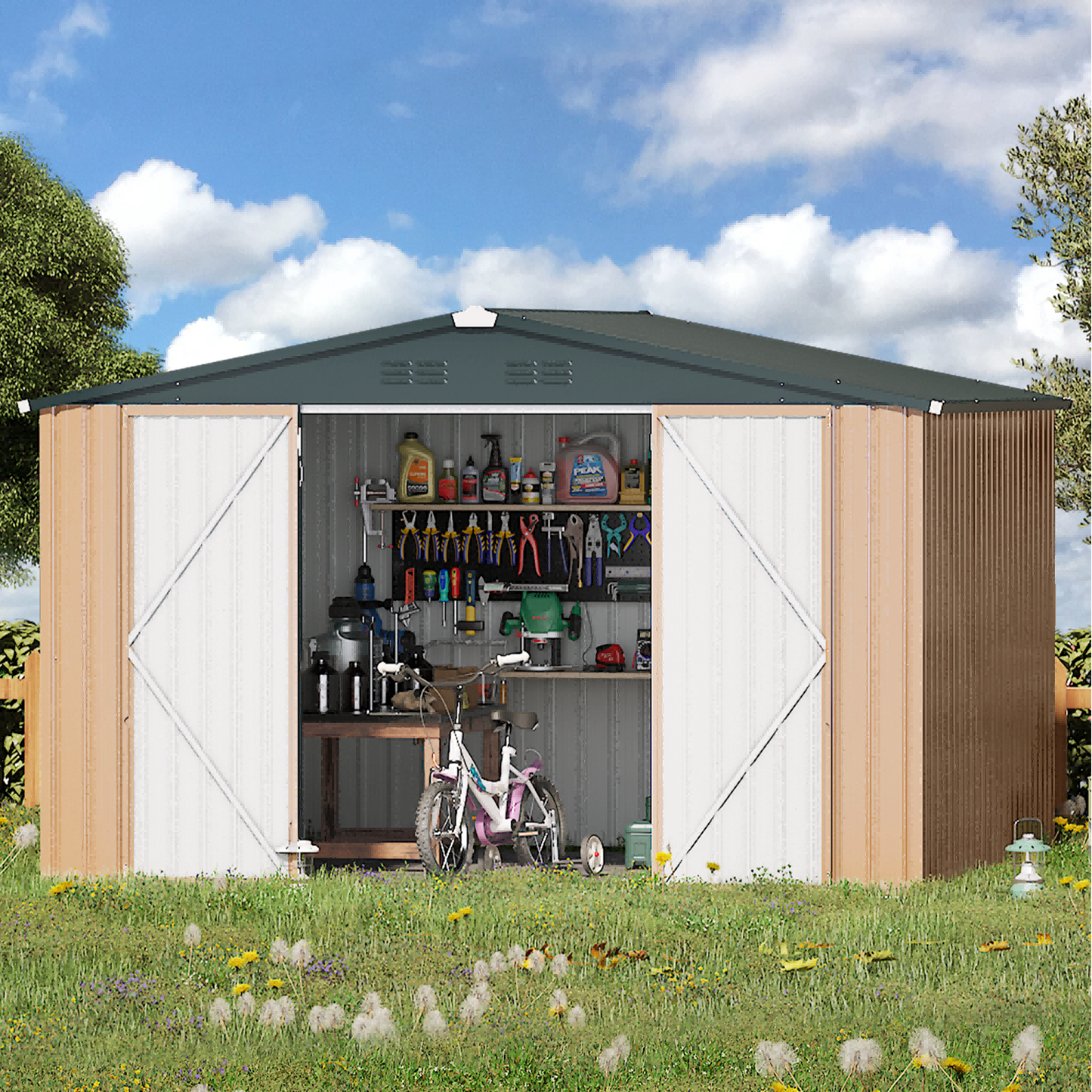 YODOLLA 10' x 8' Outdoor Metal Storage Shed in Brown Patio Storage Building with Lockable Door for Garden, Backyard