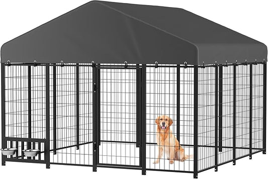 YODOLLA 10x10FT Outdoor Large Dog Kennel with Waterproof Cover, Heavy-Duty Steel Pet Enclosure with Secure Lock & Feeding Bowl, Spacious Dog Run for Backyard