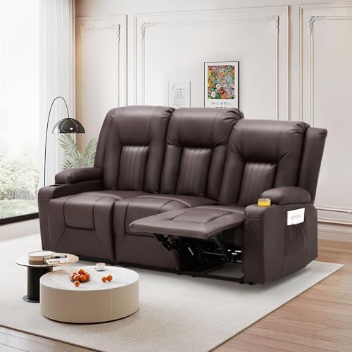 YODOLLA Manual Reclining Sofa with Side Pockets& Cup Holders, PU Leather Home Theater Seating, 3 Seat Recliner Chair in Brown