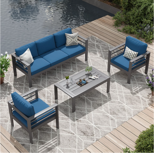 AECOJOY Aluminum Patio Furniture Sets,4 Pieces Outdoor Metal Conversation Sectional Sofa with Coffee Table, Blue