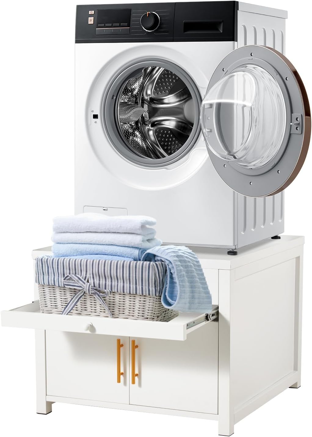 YODOLLA Washer Dryer Pedestal with Storage, 29″L x 29″W x 23″ H Heavy Duty Laundry Stand Cabinet in White