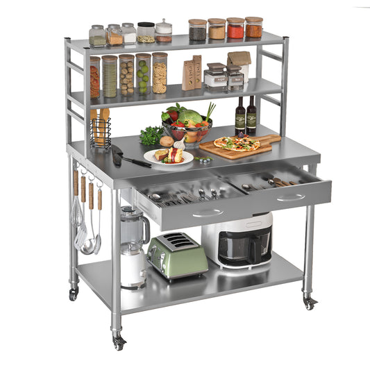 AECOJOY 48"x24" Stainless Steel Table with Shelves and Drawer, Food Prep Table for Commercial Worktables & Workstations with 2 Adjustable Tier Overshelves