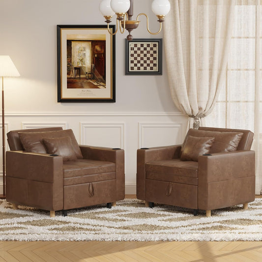YODOLLA Sleeper Chair, 38" Extra-Wide 3-in-1 Convertible Pull-Out Single Sofa with Adjustable Backrest and Cup Holder, Saddle Brown（One Set）