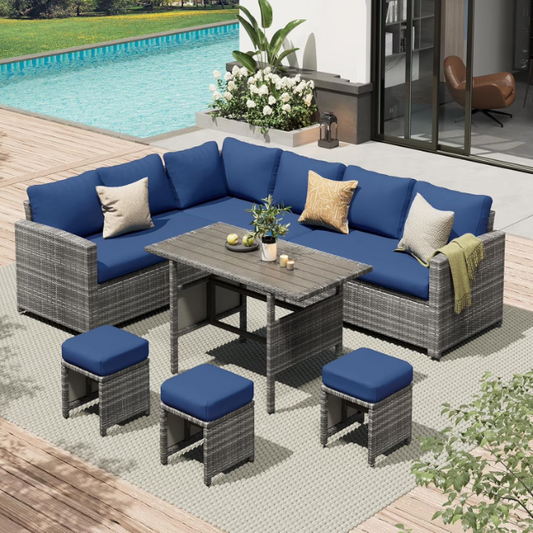 AECOJOY 7 Piece Patio Conversation Set, Outdoor Sectional Sofa Rattan Wicker Dining Furniture in Dark Blue