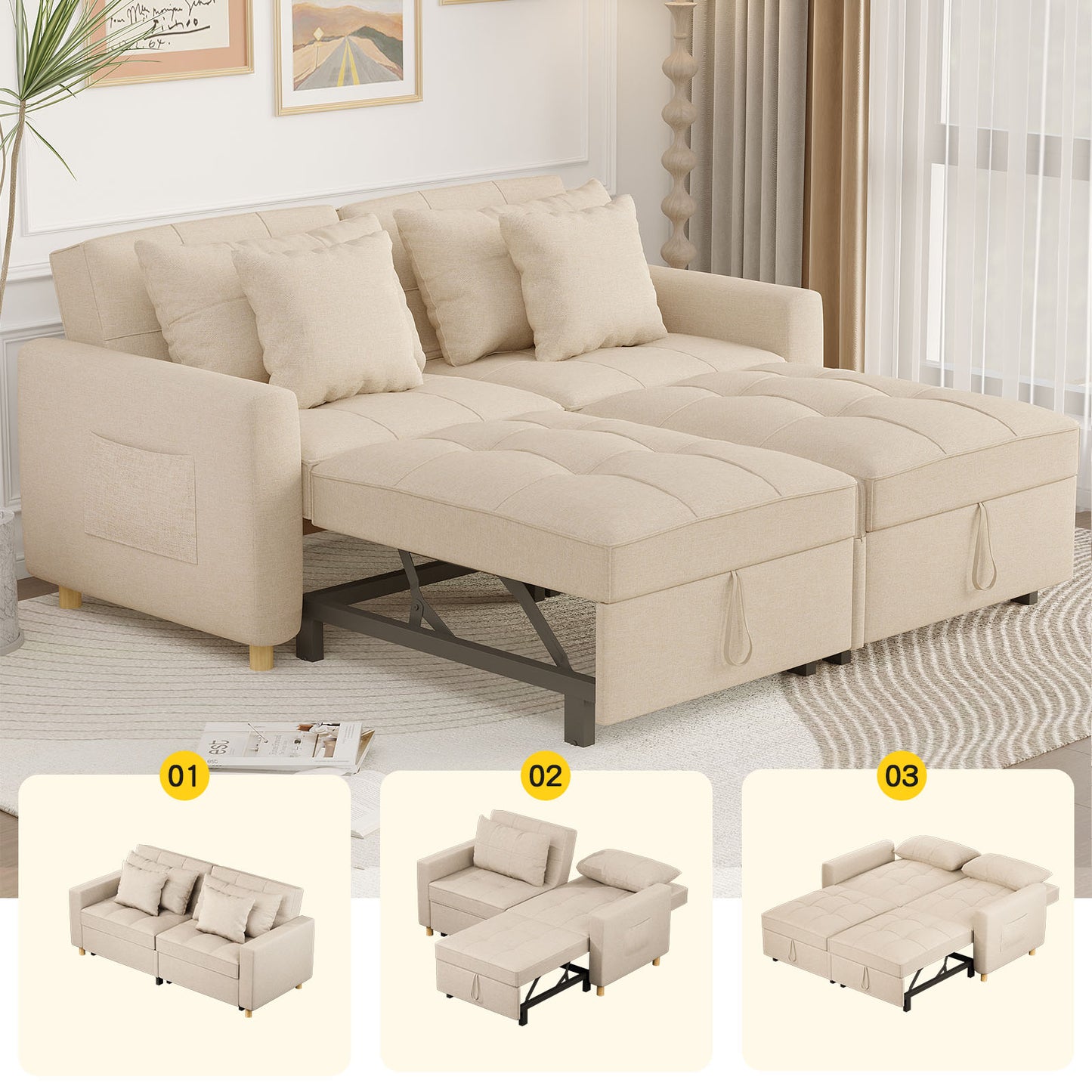 YODOLLA 71" Sleeper Sofa Bed & 3-in-1 Futon Pull Out Couch for Living Room & Bedroom, Convertible Loveseat in Beige