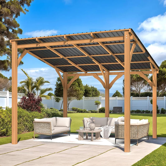 YODOLLA 10' x 10' Wall-Mounted Outdoor Wood Gazebo, Hardtop Cedar Pergola with Heavy-Duty Awnings for Patio, Deck, Backyard