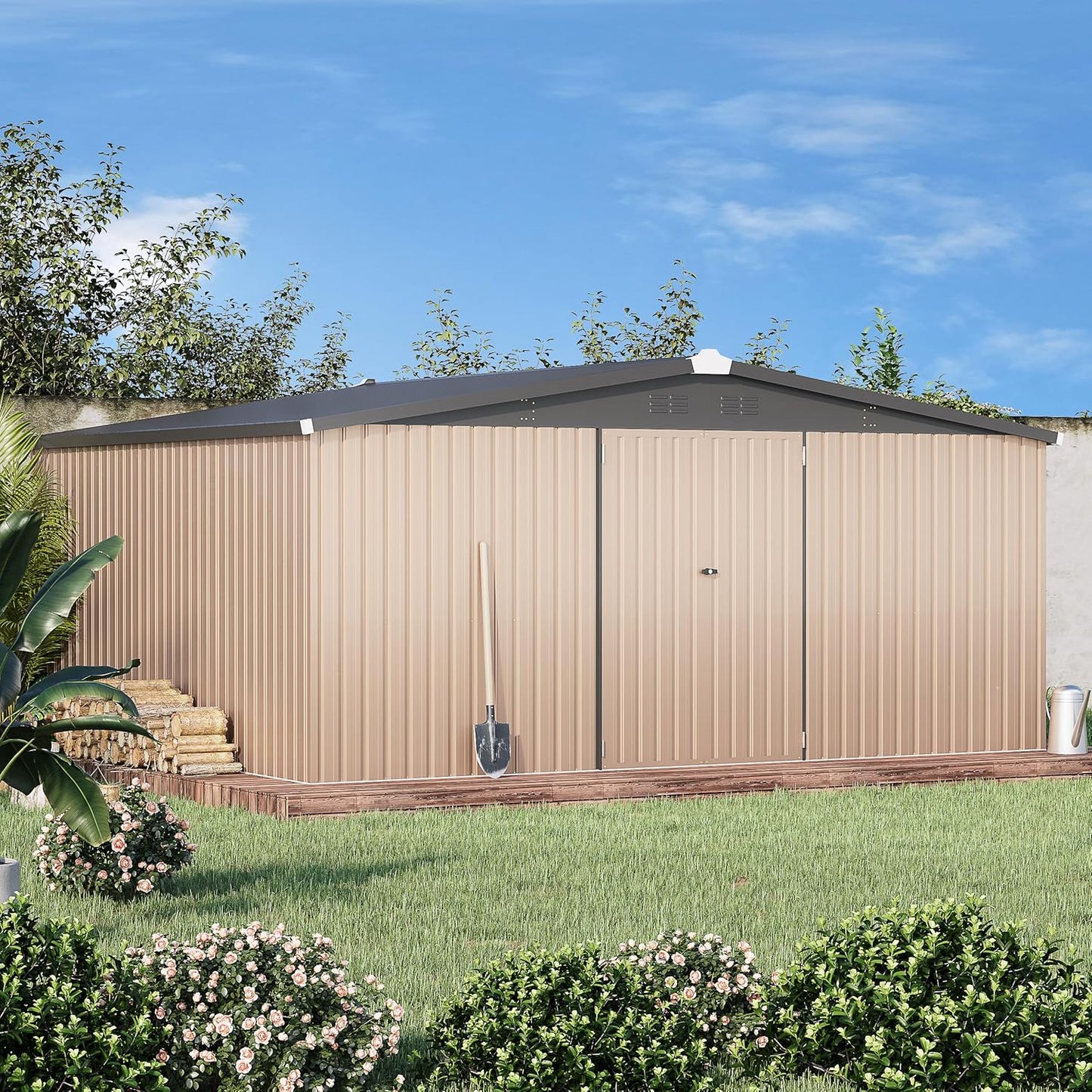 YODOLLA 14 x 12 ft. Outdoor Metal Storage Shed with Sliding Roof & Lockable Door in Brown for Patio, Garden& Backyard