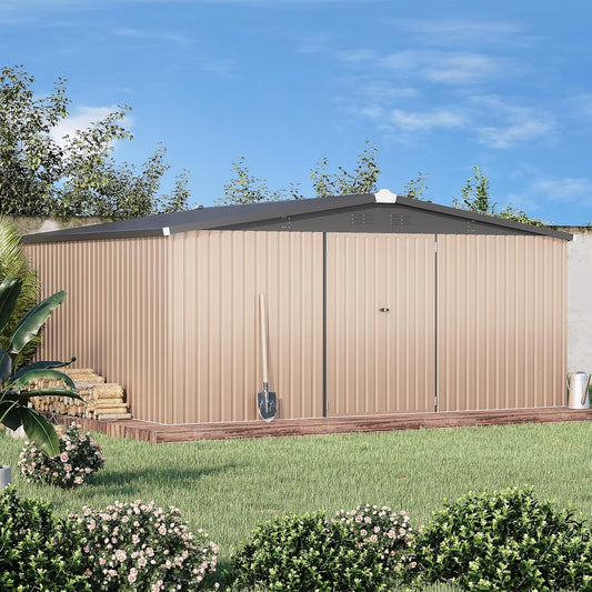 YODOLLA 14 x 12 ft. Outdoor Metal Storage Shed with Sliding Roof & Lockable Door in Brown for Patio, Garden& Backyard