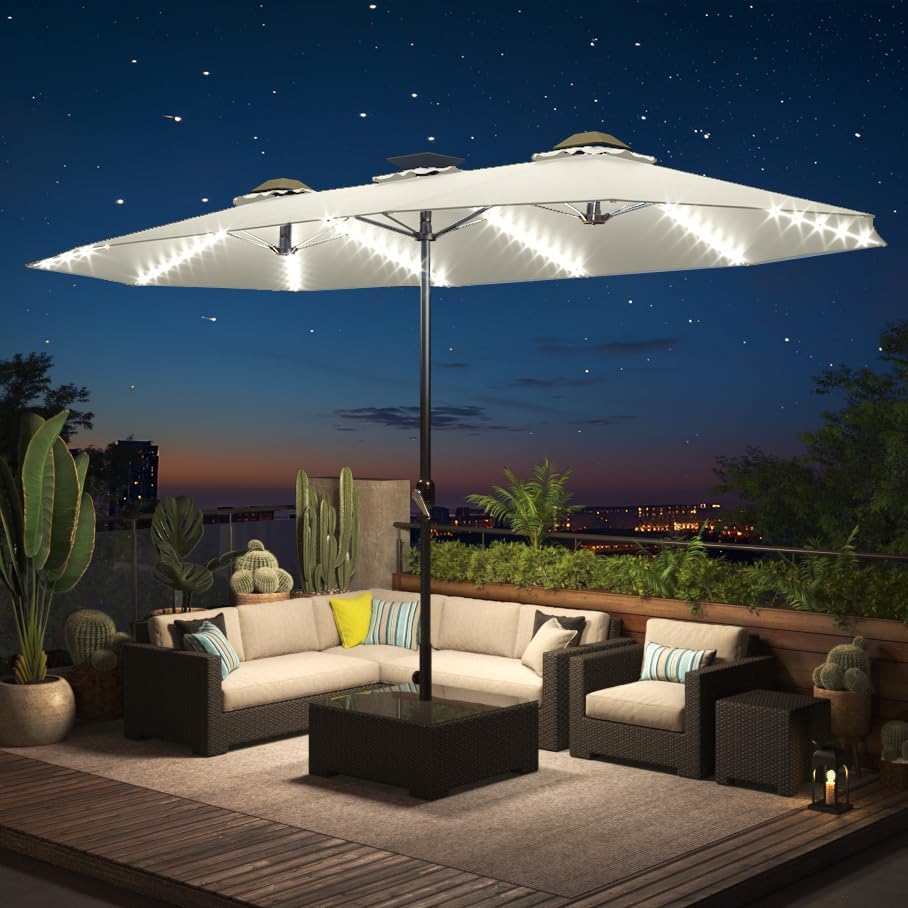 AECOJOY 15ft Patio Umbrella with Solar Lights, Large Double Umbrella Outdoor Patio, Rectangle TableUmbrella with 156 PCS LED Lights and Crank Handle for Backyard Deck Pool Shade in Beige