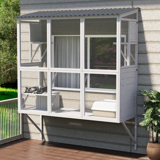 YODOLLA Catio Cat Window Box Cat Enclosure for Multiple Indoor Cats,Outside Wood Cat House, White