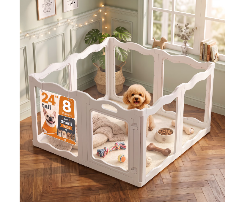 JFHID Clear Acrylic Dog Playpen Indoor for Small Dogs, Puppies & Cats, 24" H, 8 Panels, White