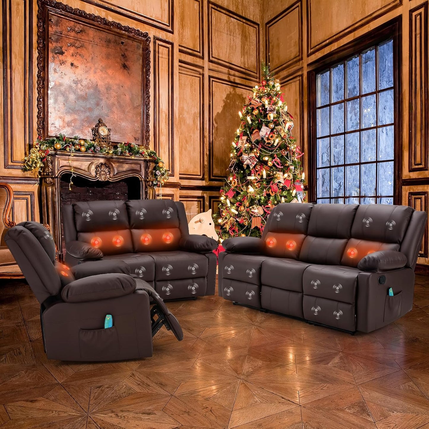 YODOLLA 3 Pieces Recliner Sofa Set with Massage Heated Function, Home Theater Seating Leather Couch Set with Side Pockets, Brown