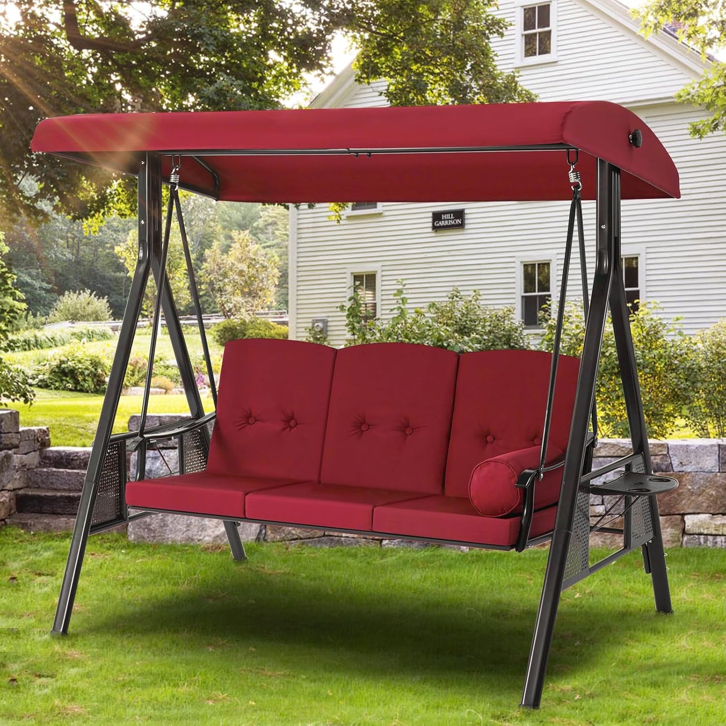 AECOJOY 3 Persons Outdoor Patio Canopy Steel Porch Swing Chair-Red, Porch Swing