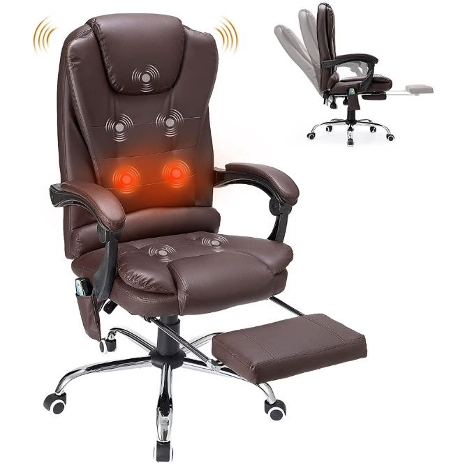 YODOLLA High Back Faux Leather Massage Office Chair Executive Computer Chair with Retractable Footrest, Brown