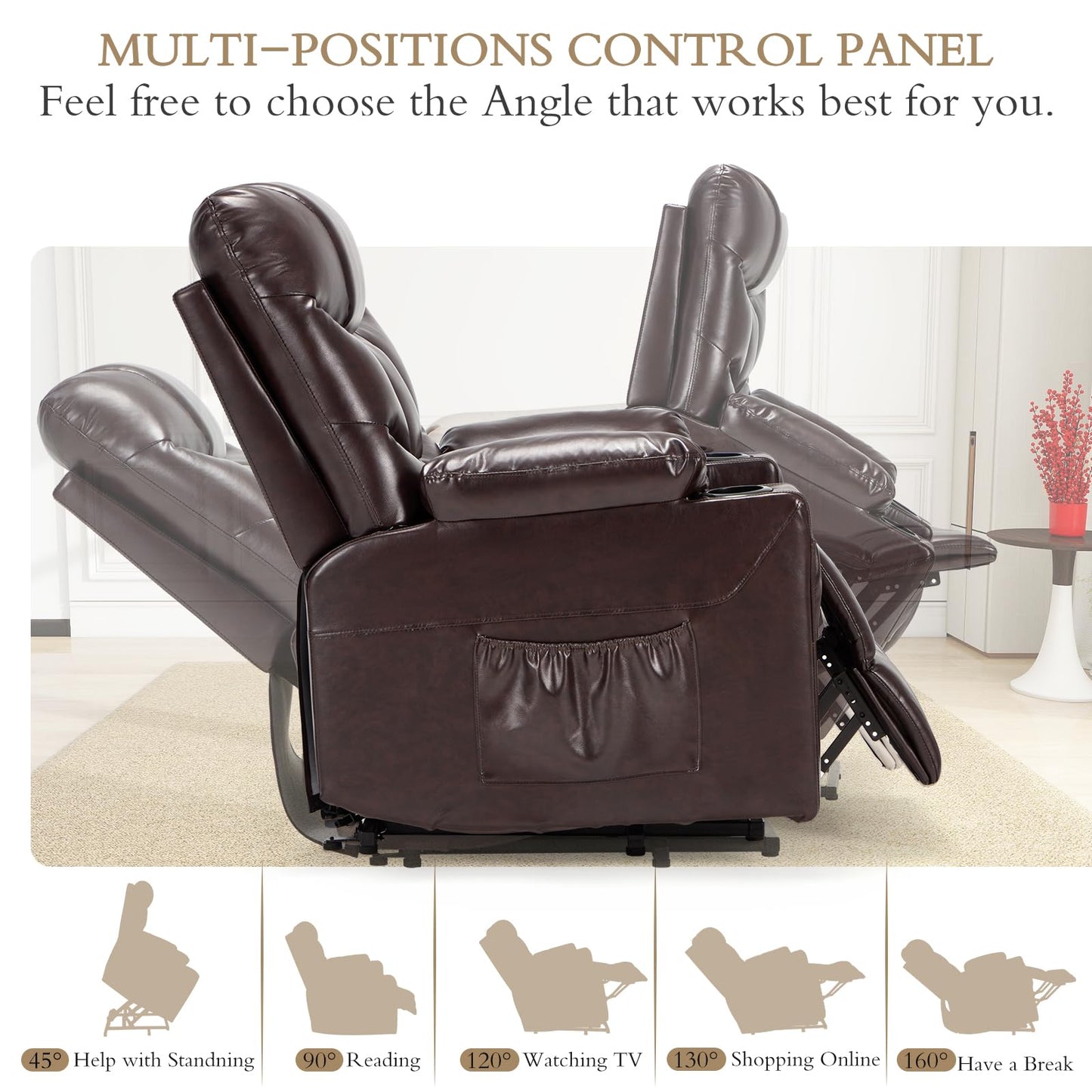 YODOLLA Large Power Lift Recliner for Elderly Heavy Duty Faux Leather Electric Lift Chair with Heated Vibration Massage in Brown