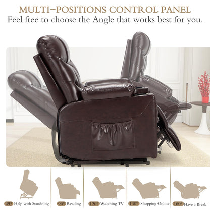 YODOLLA Large Power Lift Recliner for Elderly Heavy Duty Faux Leather Electric Lift Chair with Heated Vibration Massage in Brown