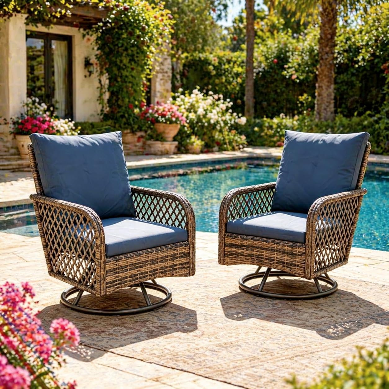 YODOLLA 2PCS Dark Blue Wicker Patio Chairs, High Back Swivel Glider Outdoor Conversation Set