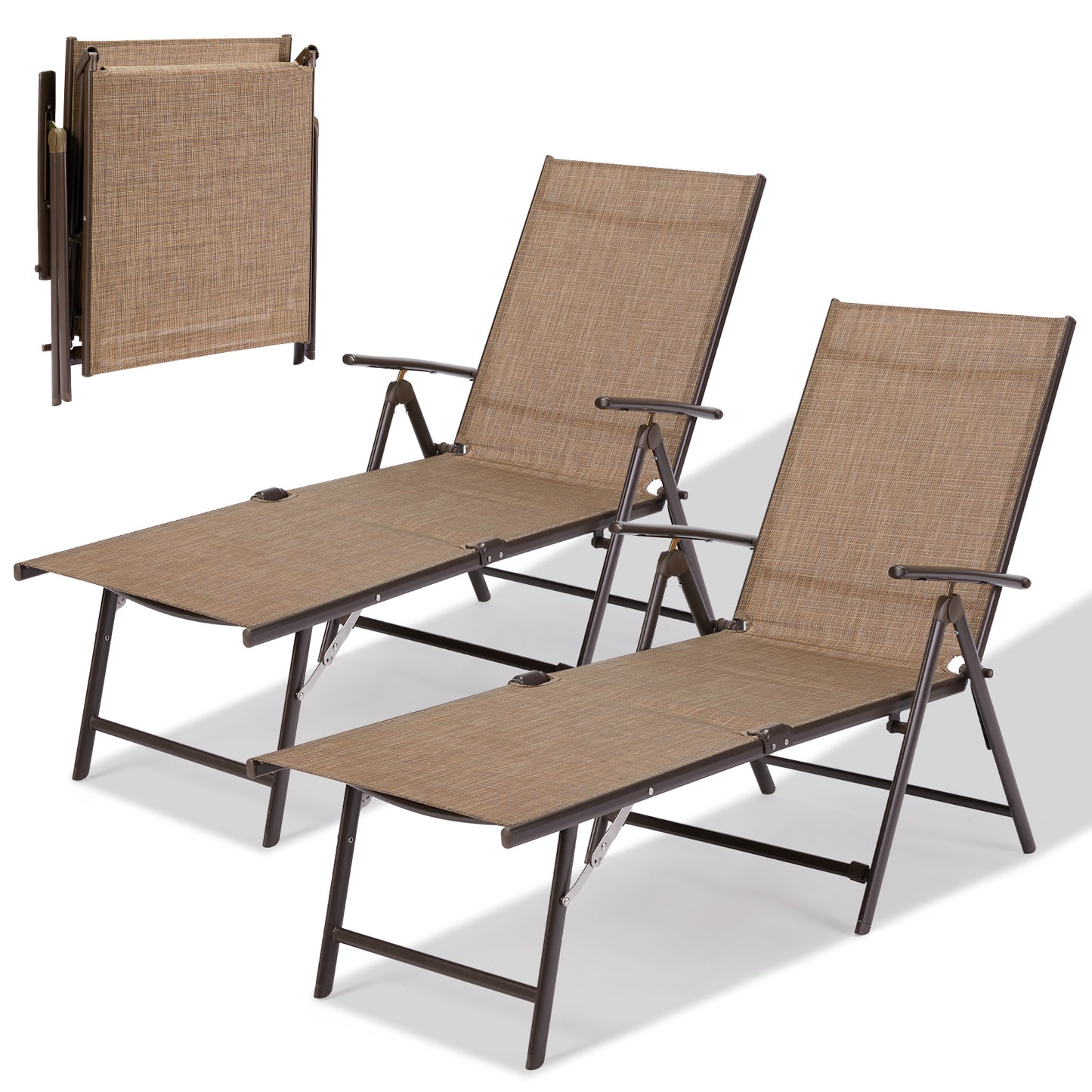 AECOJOY Outdoor Chaise Lounge Chair, Adjustable Reclining Folding Pool Lounge with Adjustable Backrest-Set of 2-Browm