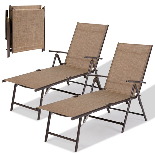 AECOJOY Outdoor Chaise Lounge Chair, Adjustable Reclining Folding Pool Lounge with Adjustable Backrest-Set of 2-Browm