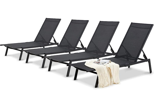 YODOLLA Patio Metal Lounge Chairs for Outside Adjustable Outdoor Chaise Lounge for Outside Pool Set of 4 - Black