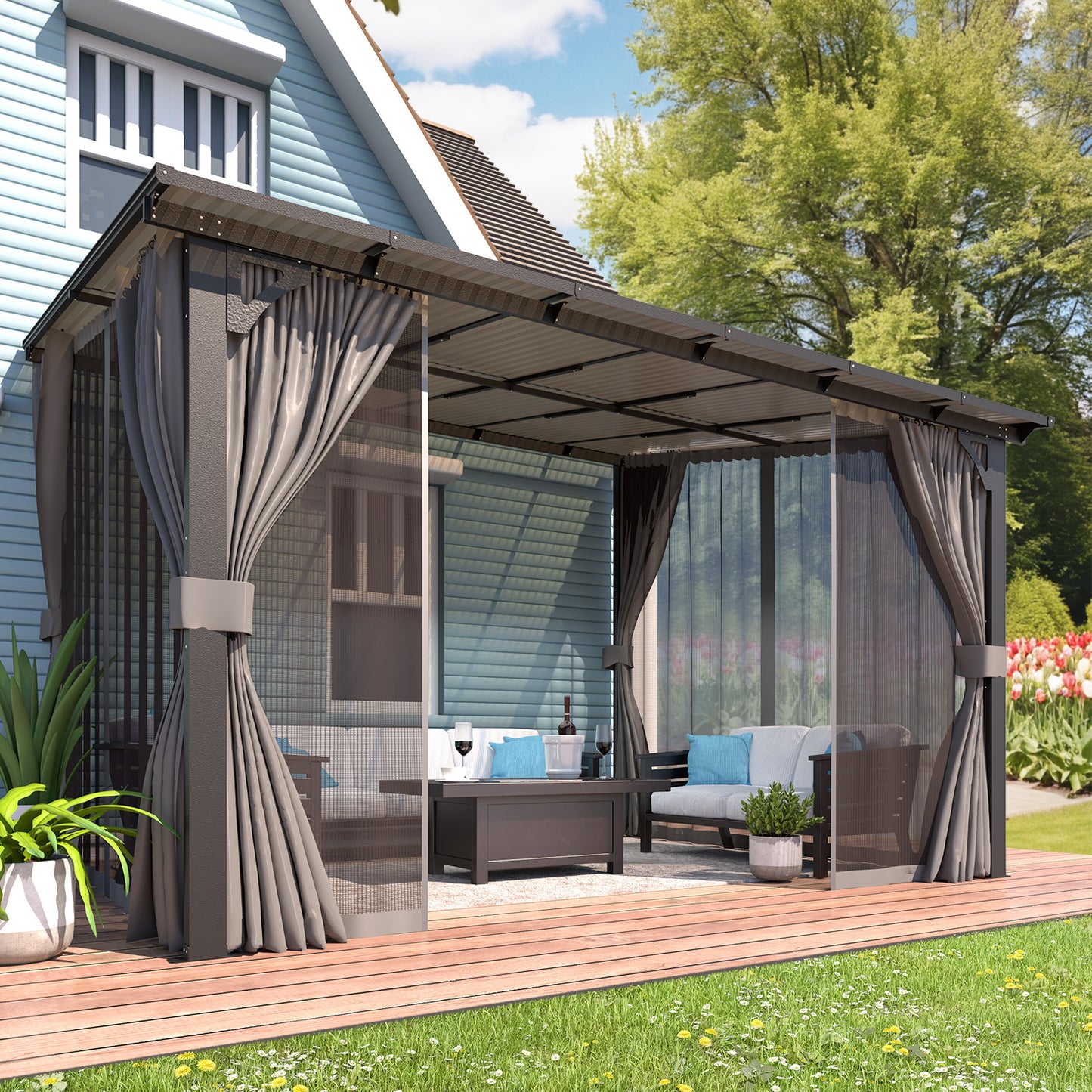 AECOJOY 12' x 10' Lean to Gazebo with Netting and Curtain Outdoor Hardtop Gazebo Aluminum Metal Pergola For Garden, Patio, Backyard-Dark Gray