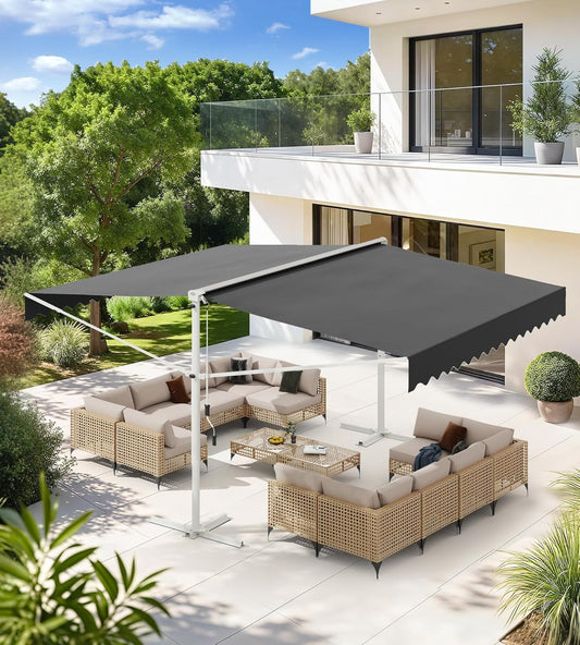 AECOJOY 13x10 ft. Free Standing Retractable Awning - Dual Side Patio Awnings Manual Sun Shade - Dark Grey