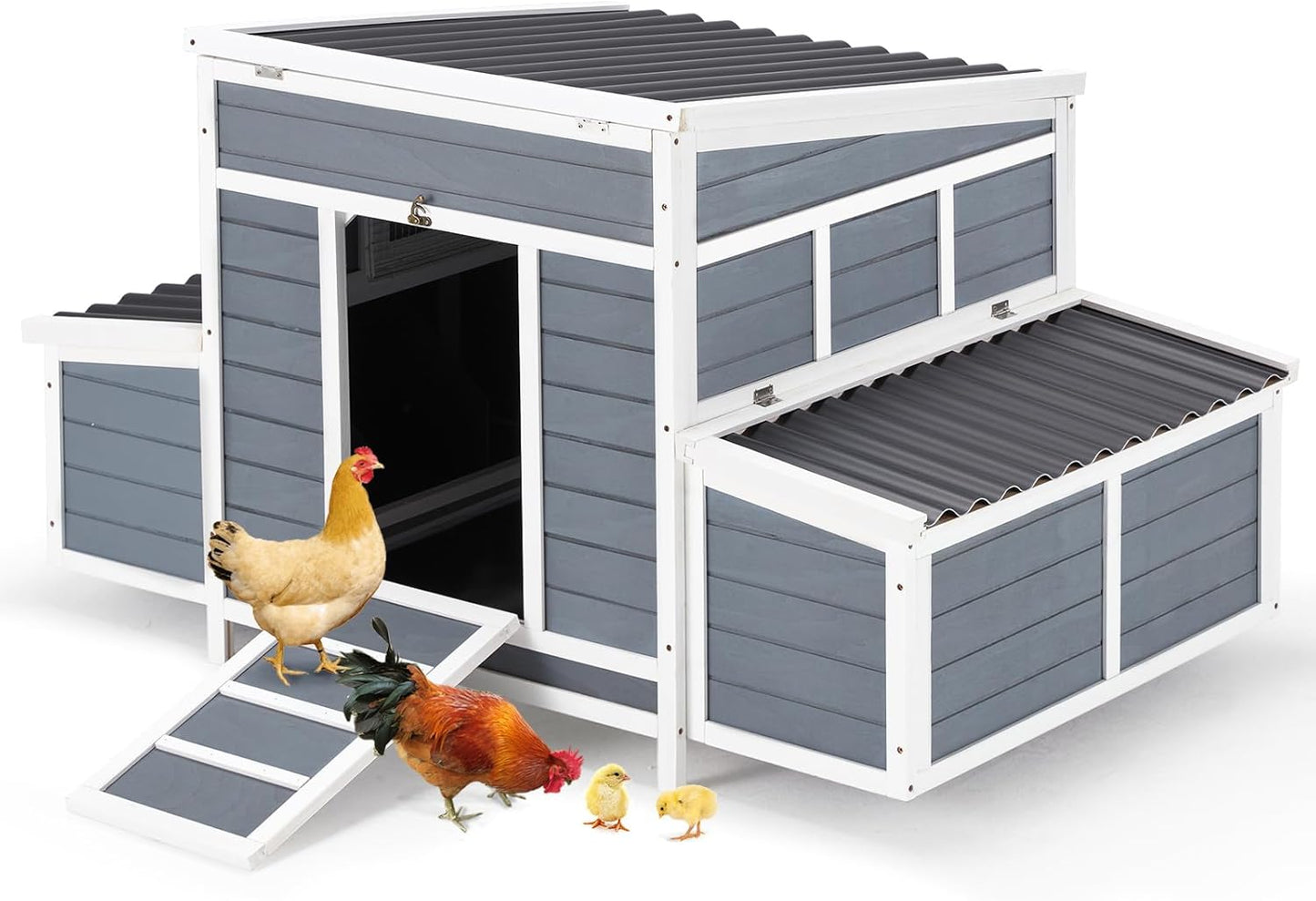 AECOJOY 56" Outdoor Wooden Chicken Coop, 6 Nesting Boxes for 4-6 Chickens,Gray