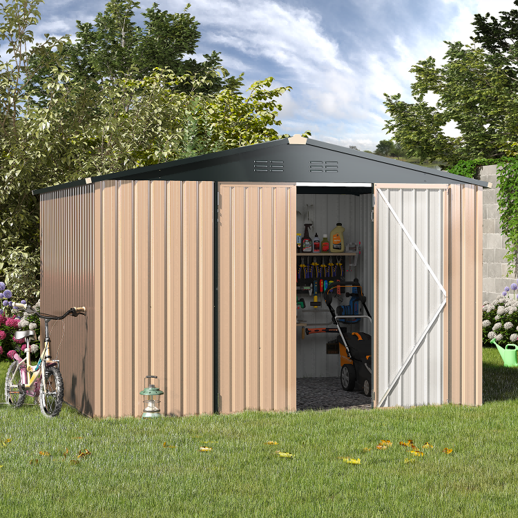 YODOLLA 10' x 8' Outdoor Metal Storage Shed in Brown Patio Storage Building with Lockable Door for Garden, Backyard