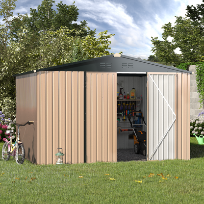 YODOLLA 10' x 8' Outdoor Metal Storage Shed in Brown Patio Storage Building with Lockable Door for Garden, Backyard