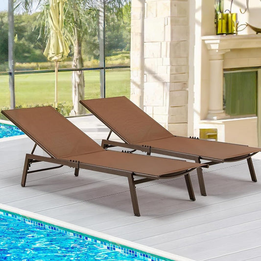 YODOLLA Patio Metal Lounge Chairs for Outside Adjustable Outdoor Chaise Lounge for Outside Pool Set of 2 - Brown