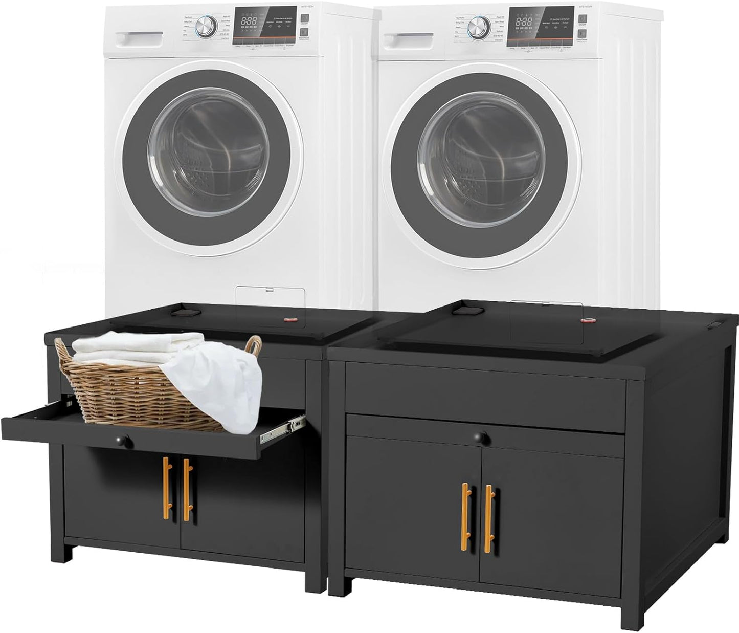 YODOLLA Washer Dryer Pedestal with Storage (2PCS), 29″L x 29″W x 23″ H Heavy Duty Laundry Stand Cabinet in Black