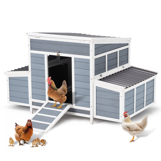 AECOJOY 56" Large Chicken Coop with 6 Nesting Boxes Outdoor Hen Chicken House w/Ramps, Removable Tray for 6 Chickens,Gray