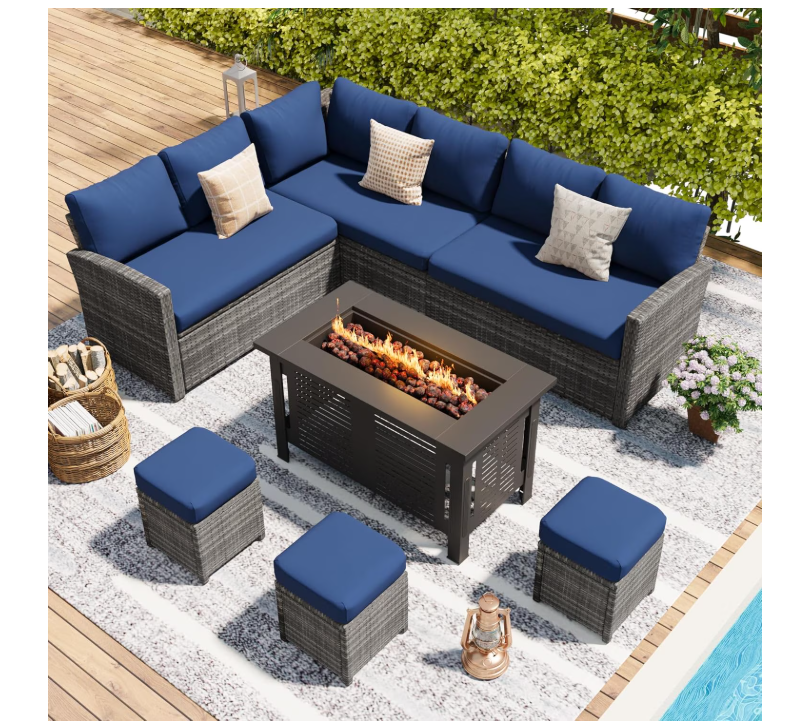 YODOLLA 7-Piece Patio Conversation Set with 43" Fire Pit Table, Outdoor Sectional Sofa, PE Rattan Wicker Furniture, Steel Frame, Blue