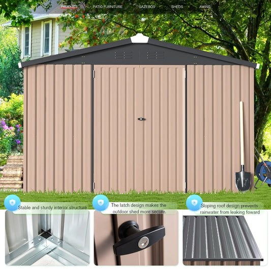 AECOJOY 10' x 14' Outdoor Storage Shed with Lockable Door Patio Metal Garden Storage Building in Brown for Outside