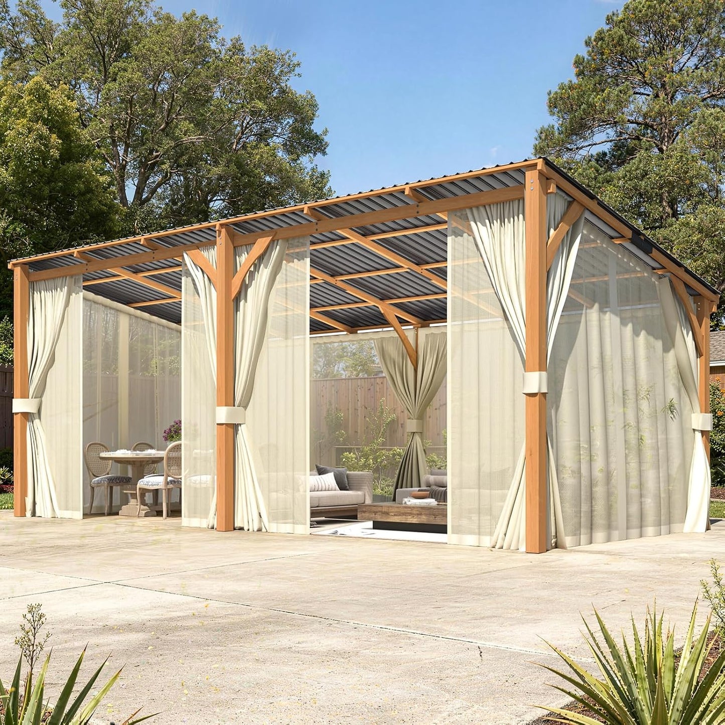 YODOLLA 20' x 10' Wall-Mounted Outdoor Wood Pergola, Hardtop Cedar Patio Pergola with Curtains and Netting for Deck or Backyard