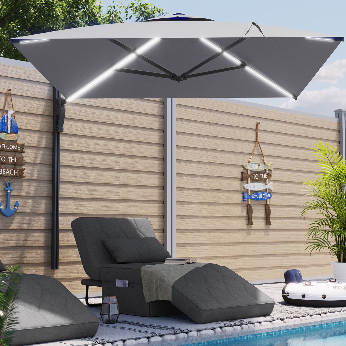 AECOJOY 10 ft Wall Mounted Patio Umbrella Outdoor Rectangle Umbrella with 180° Rotation for Outside in Gray
